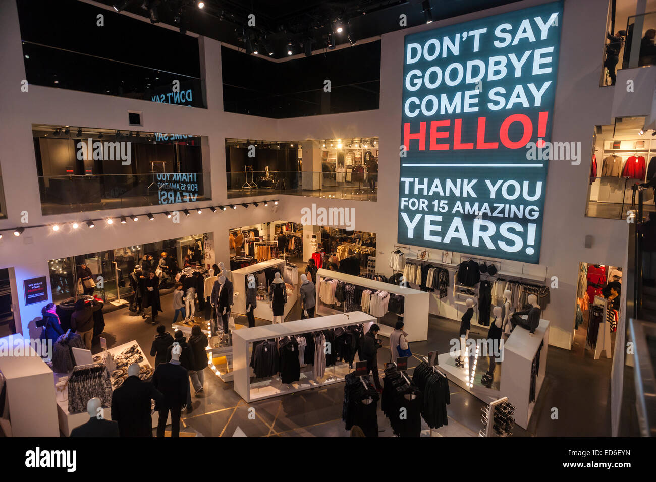 A giant illuminated sign in the H&M department store on Fifth Avenue in  Midtown Manhattan in New York thanks customers for patronizing the branch  over their fifteen year lease, seen on Tuesday,