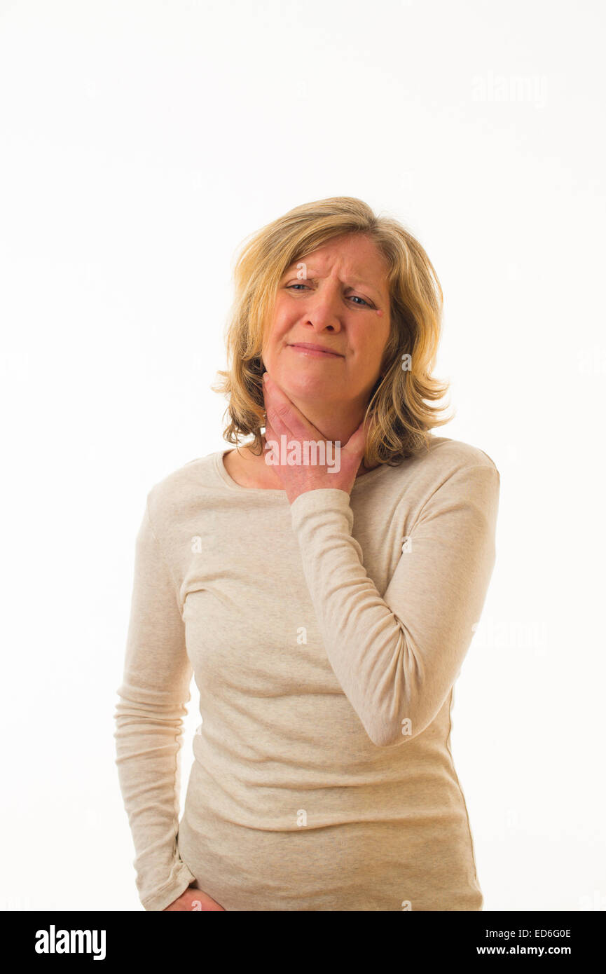 A forty year old caucasian woman suffering from a sore throat