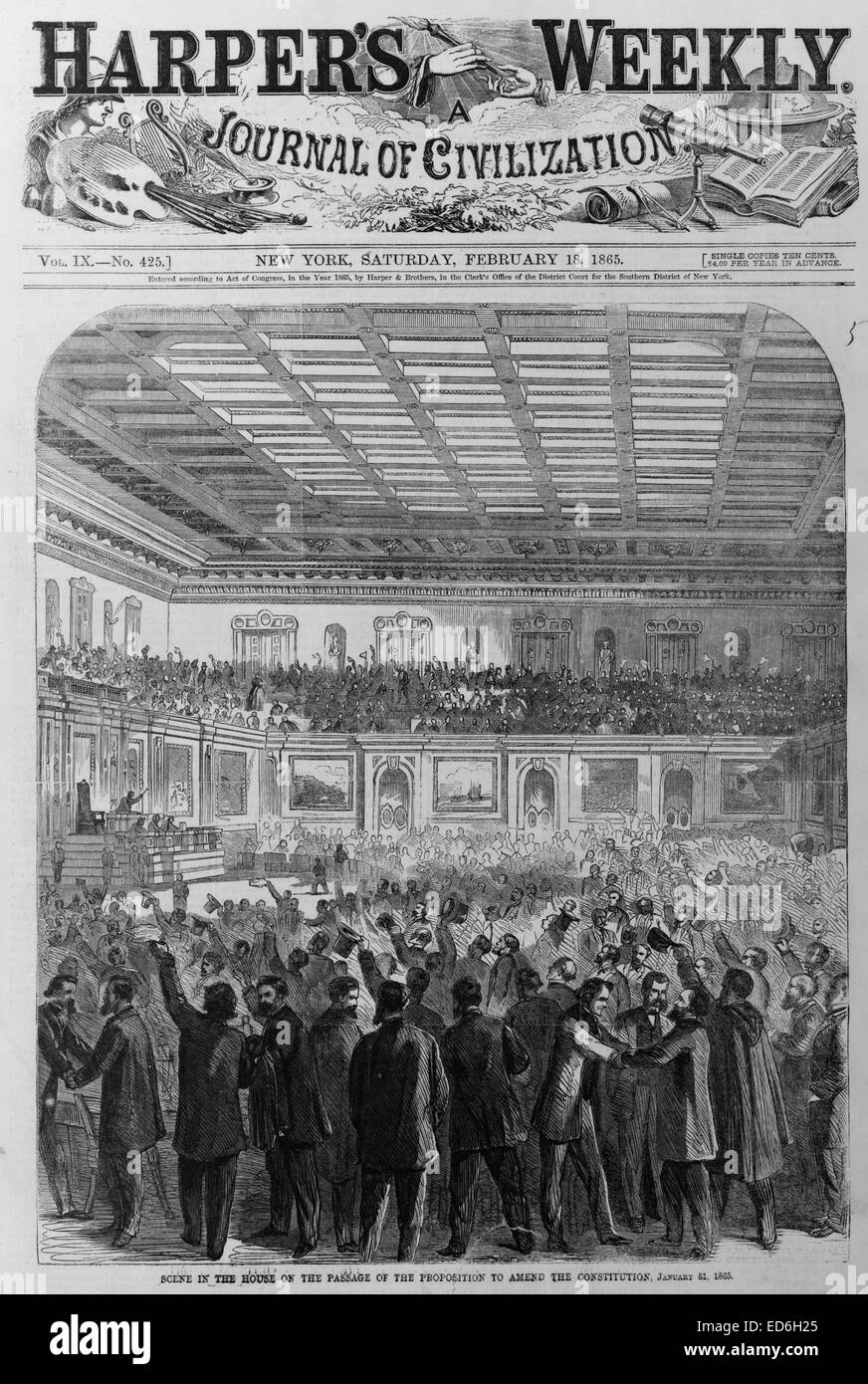 Scene in the House on the passage of the proposition to amend the Constitution, January 31, 1865 Stock Photo
