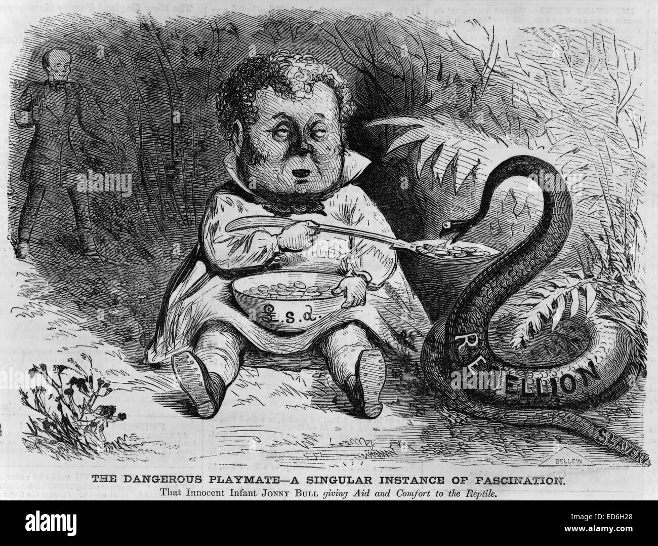 Cartoon showing innocent infant 'Jonny Bull' feeding coins to snake 'Rebellion, slavery.'  Text: The dangerous playmate--A singular instance of fascination.  1861.  wood engraving Stock Photo