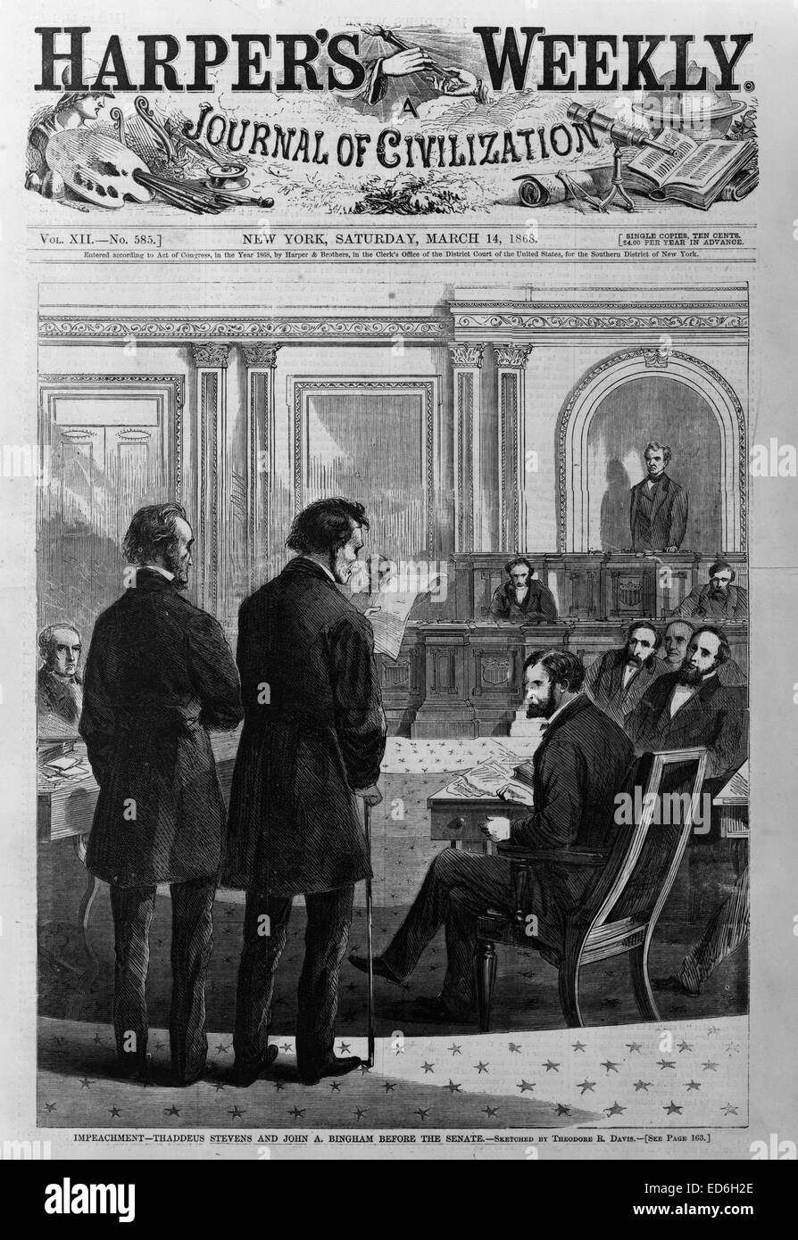 Impeachment - Thaddeus Stevens and John A. Bingham before the Senate. Sketched by Theodore R. Davis.  1868, wood engraving Stock Photo