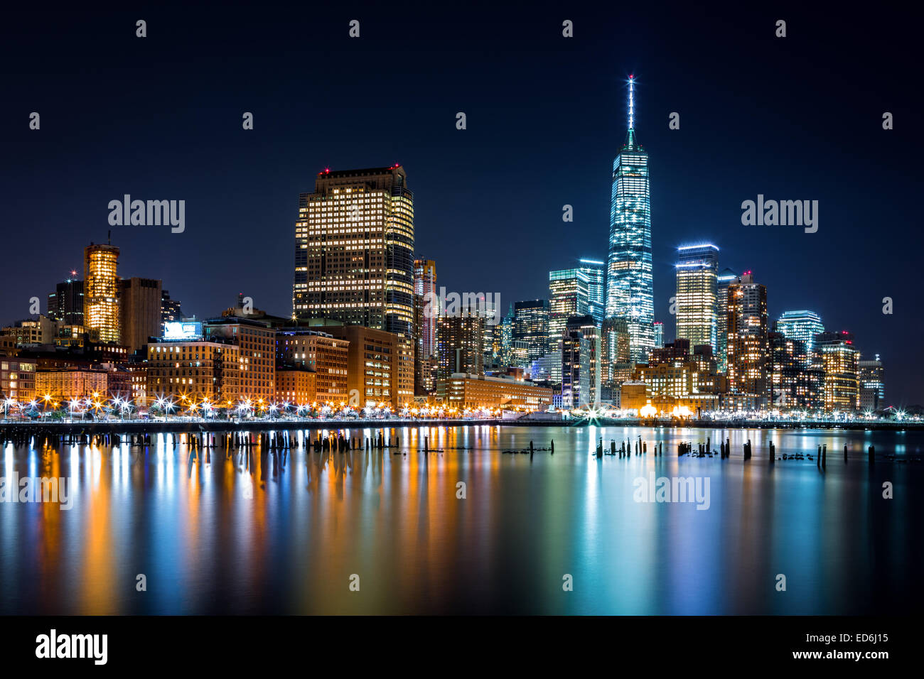 Lower Manhattan by night viewed from Hudson River Park, in Tribeca, New York Stock Photo