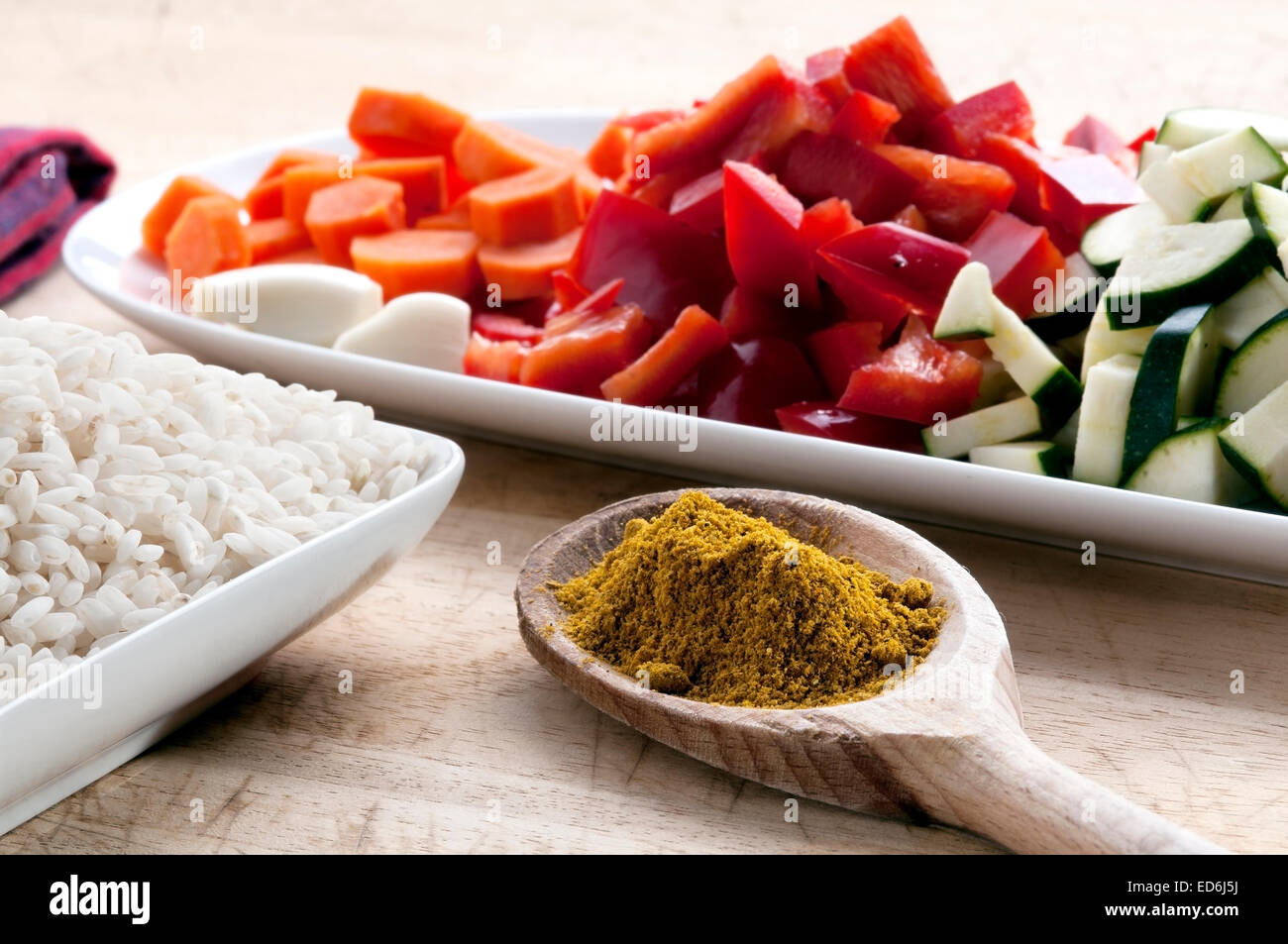 raw ingredients ready to prepare chicken curry with vegetables Stock Photo