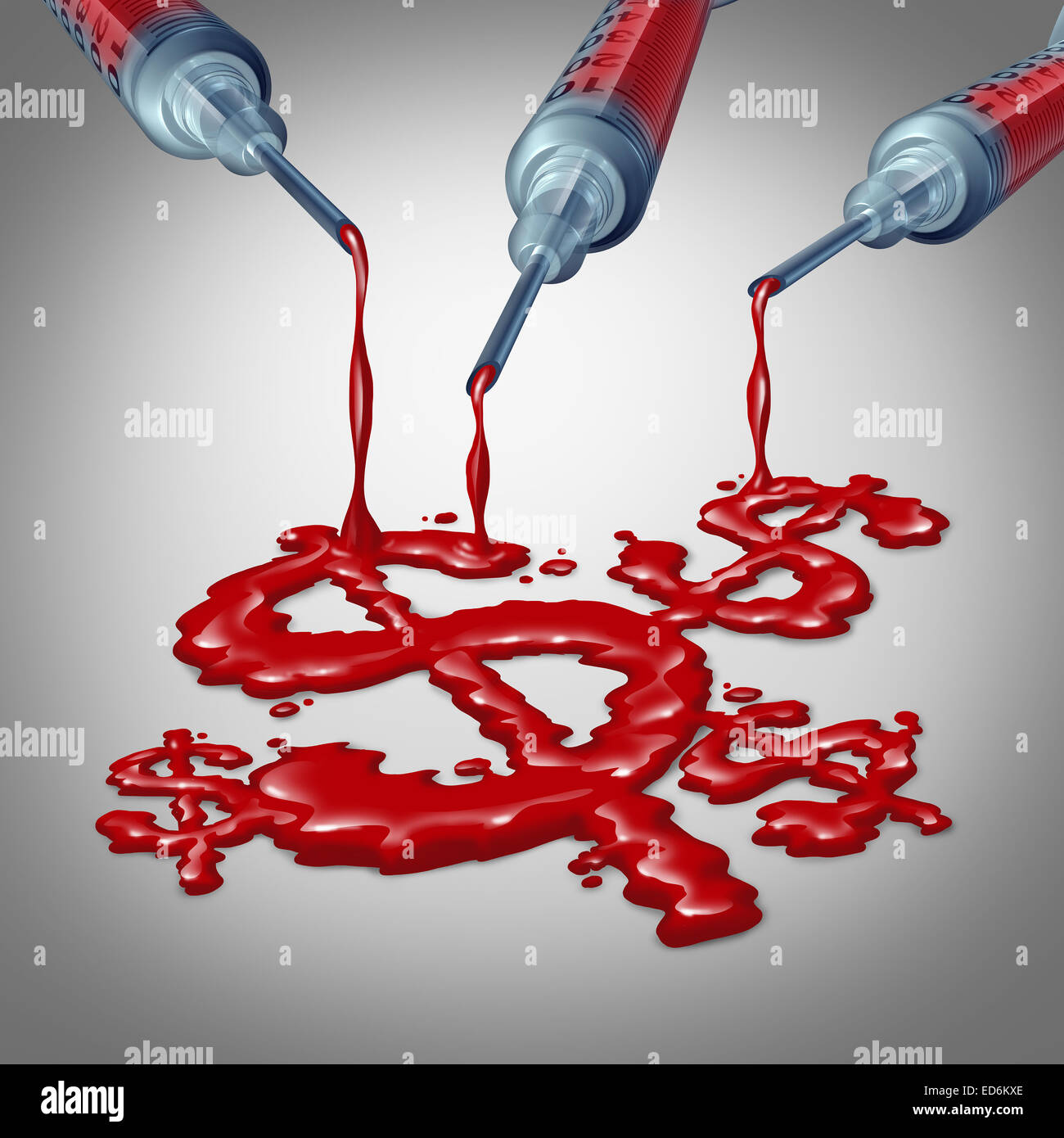 Health care costs concept or affordible hospital services and private clinic fees symbol as a group of syringe icons pouring human blood shaped as money signs. Stock Photo