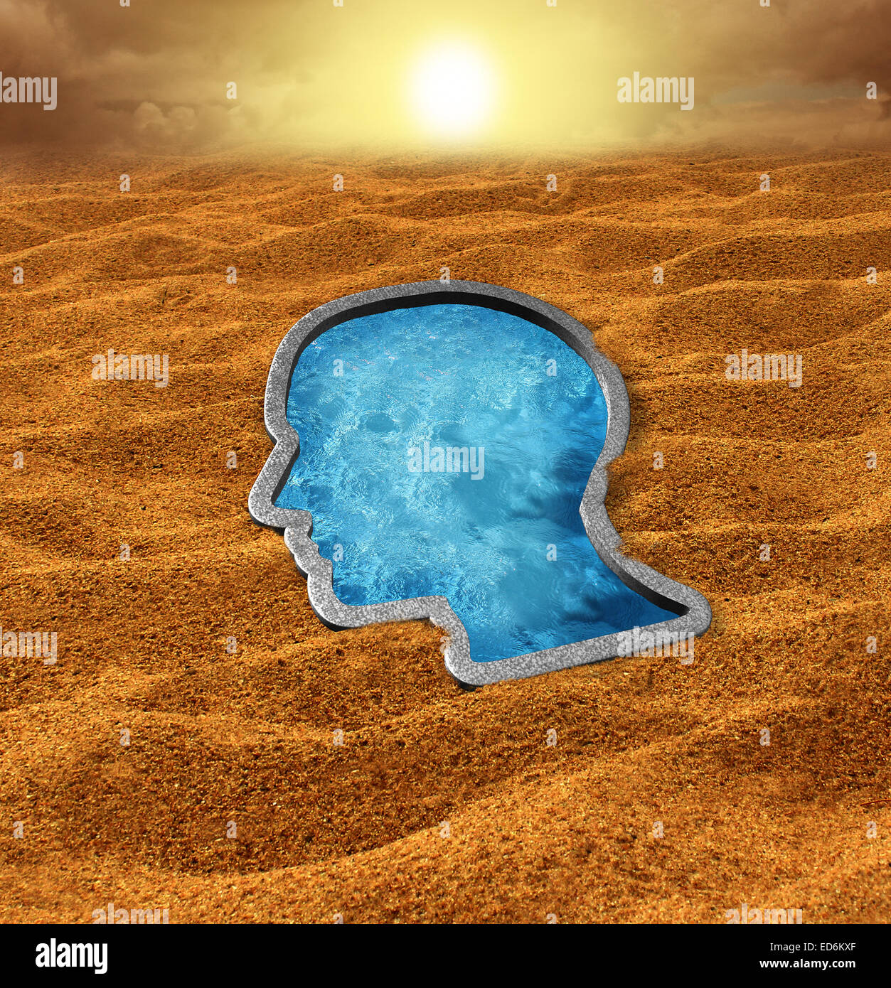 Human hope concept as a dry hot desert with a cool swimming pool oasis shaped as a human face as a concept and metaphor for belief faith and salvation from the challenges of life. Stock Photo