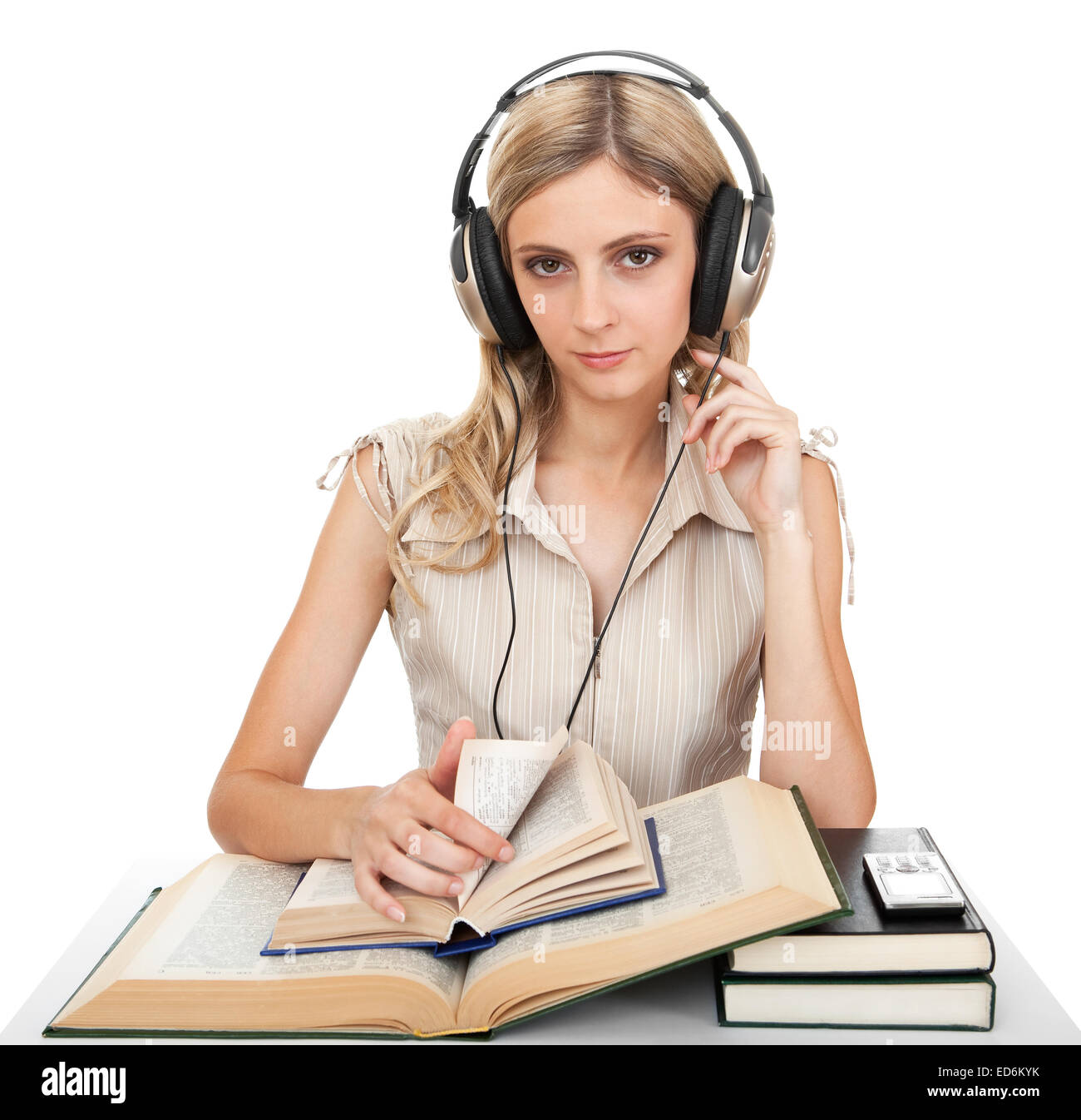 Student with books and headphones Stock Photo - Alamy