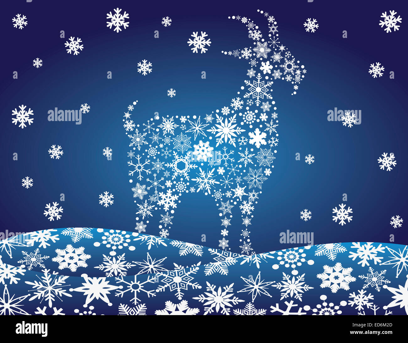 2014 Chinese Lunar New Year of the Goat Silhouette with Snowflakes Pattern on Night Winter Snow Scene Background Illustration Stock Photo