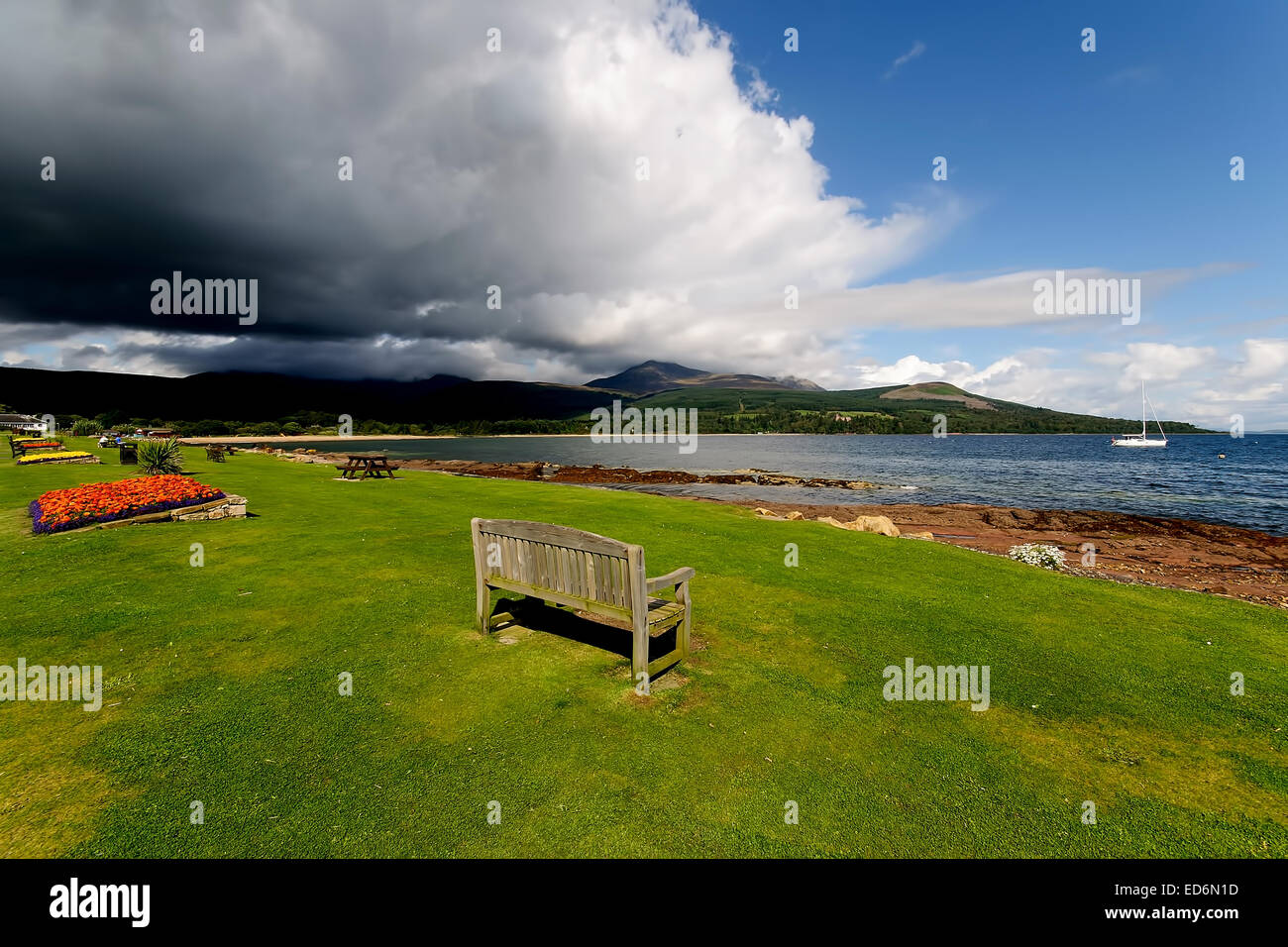 The views to Goat Fell on the Isle of Arran, Scotland from Brodick Stock Photo