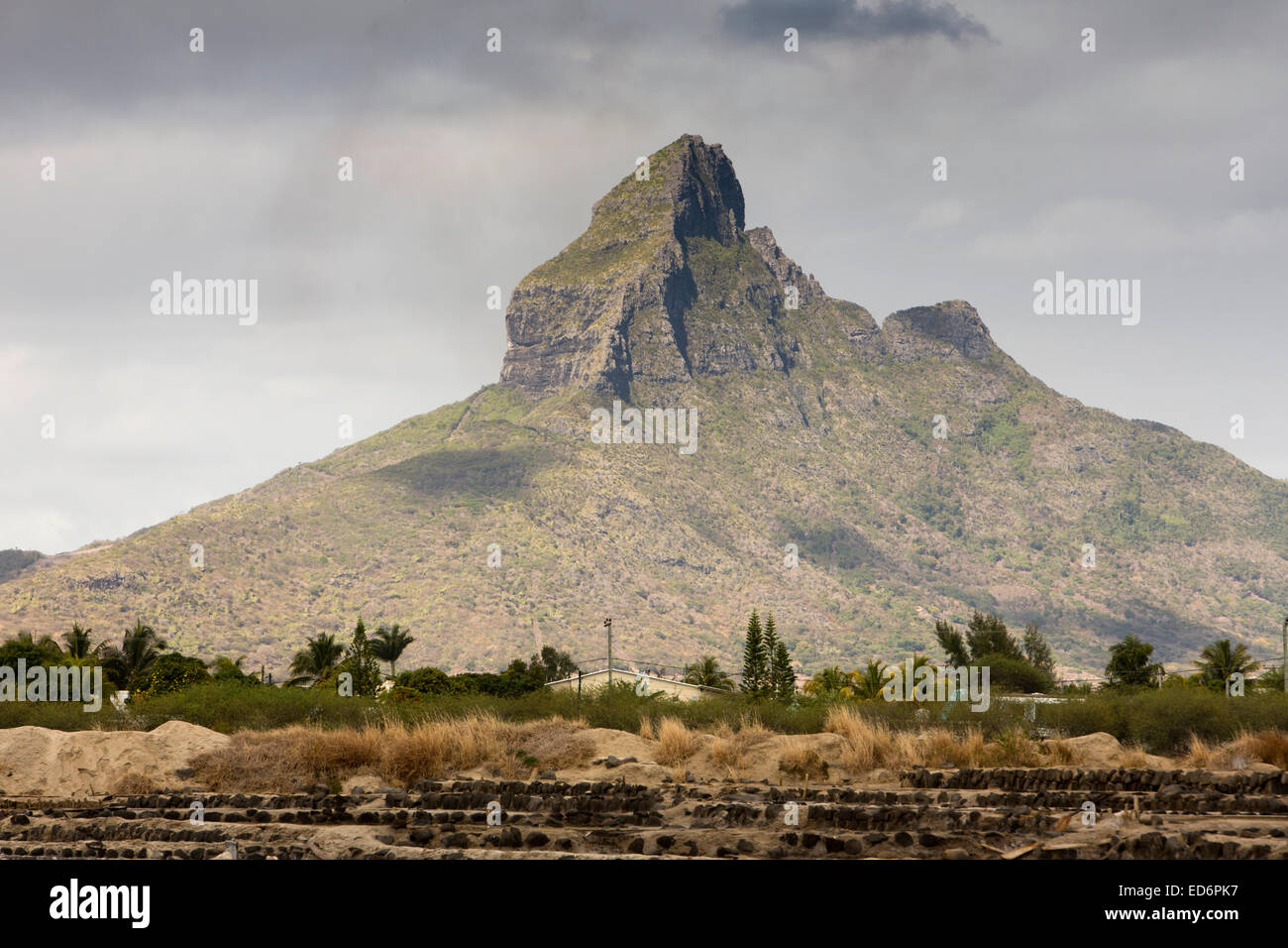 Mauritius, Tamarin, Montagne du Rempart behind salt pans Stock Photo