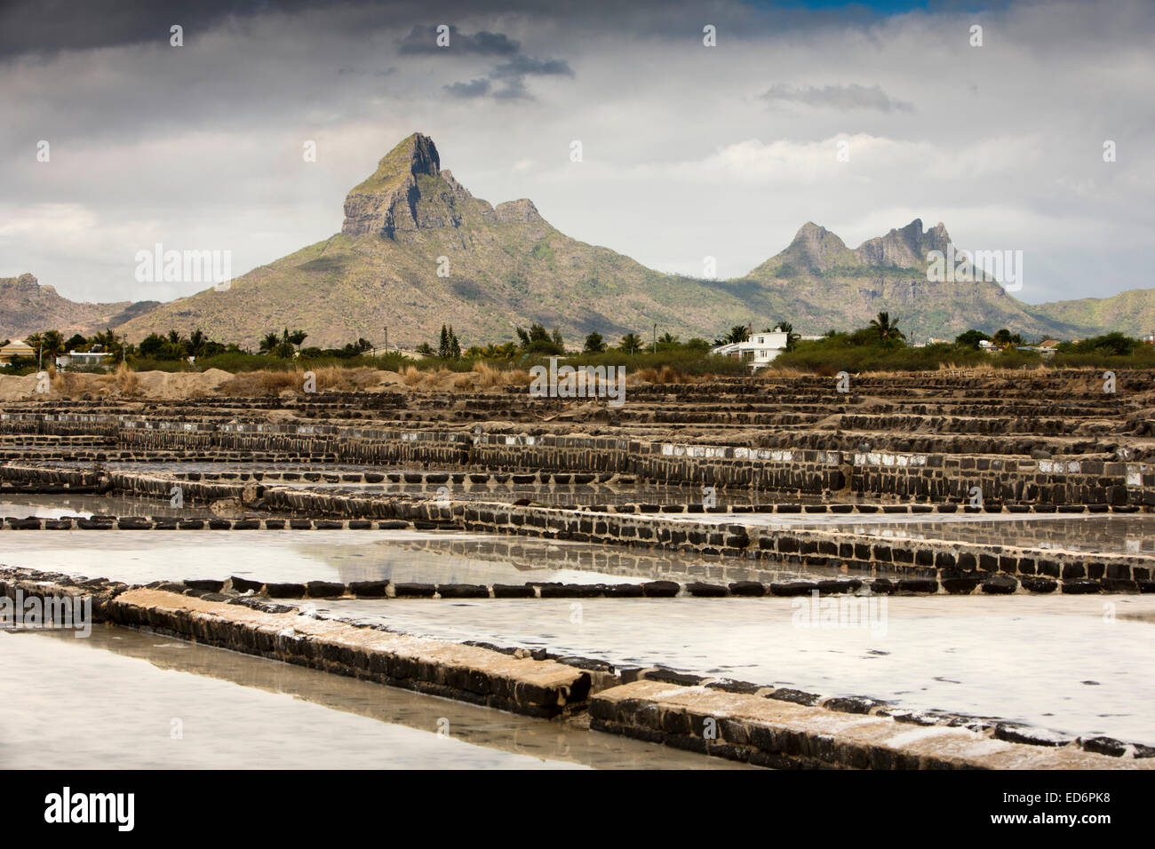 Mauritius, Tamarin, Montagne du Rempart and Trois Mamelles behind salt pans Stock Photo
