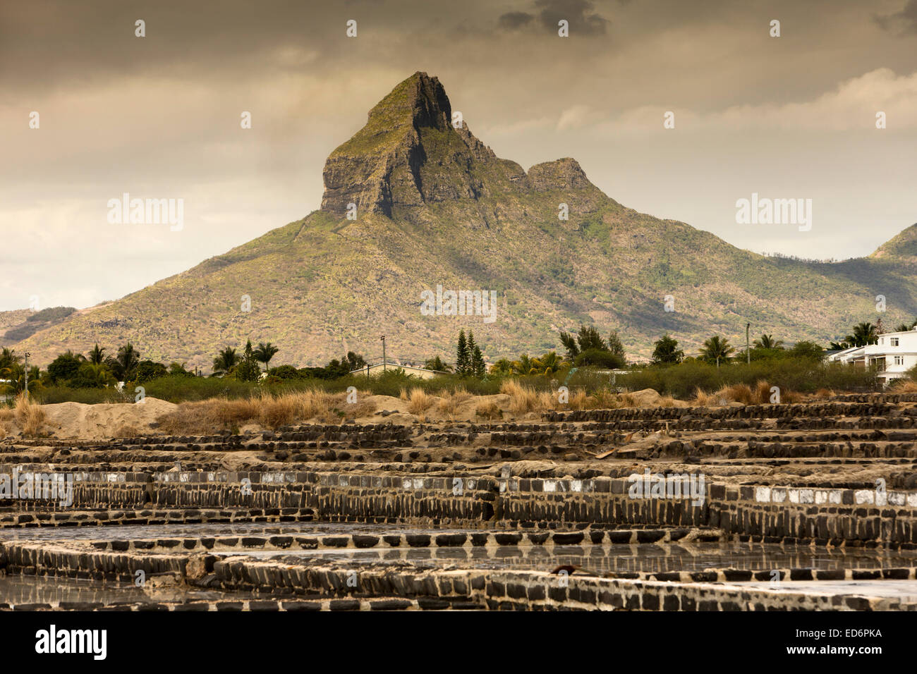 Mauritius, Tamarin, Montagne du Rempart behind salt pans Stock Photo