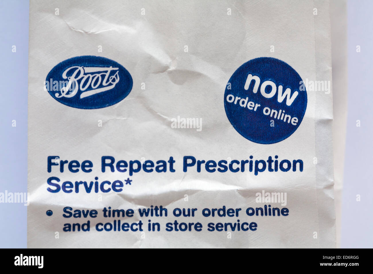 Boots Pharmacy prescription bag - free repeat prescription service save time with our order online and collect in store service Stock Photo