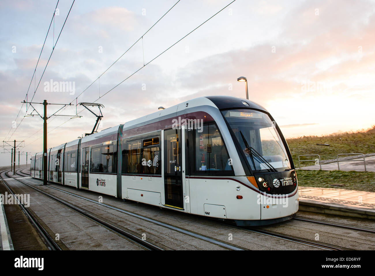 An early morning tram sits at the station at Ingliston Park & Ride, on