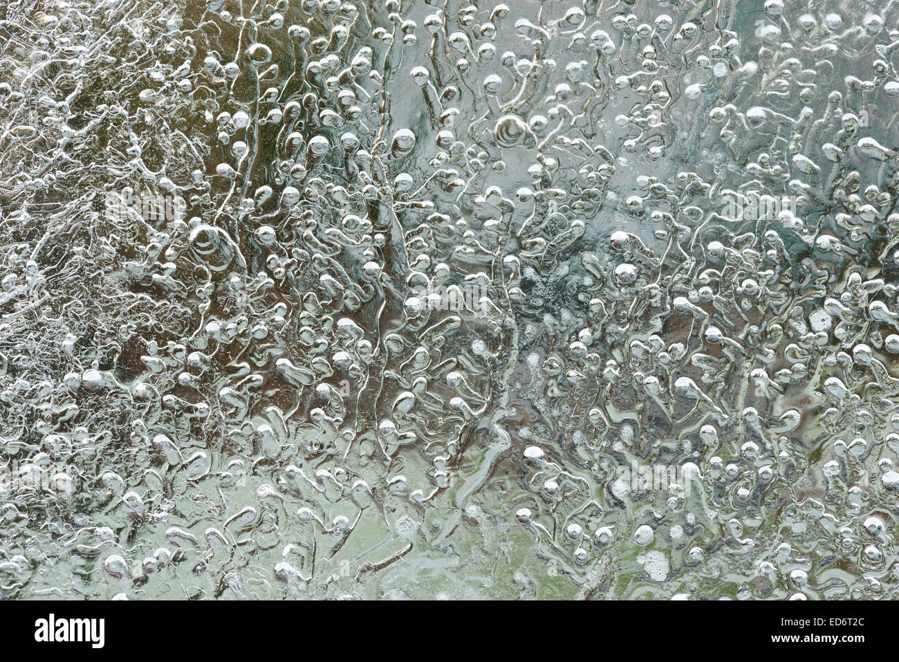 frozen gas bubbles air and stress lines freezing water patterns in ice with radiating lines and trails on bitter cold winter day Stock Photo