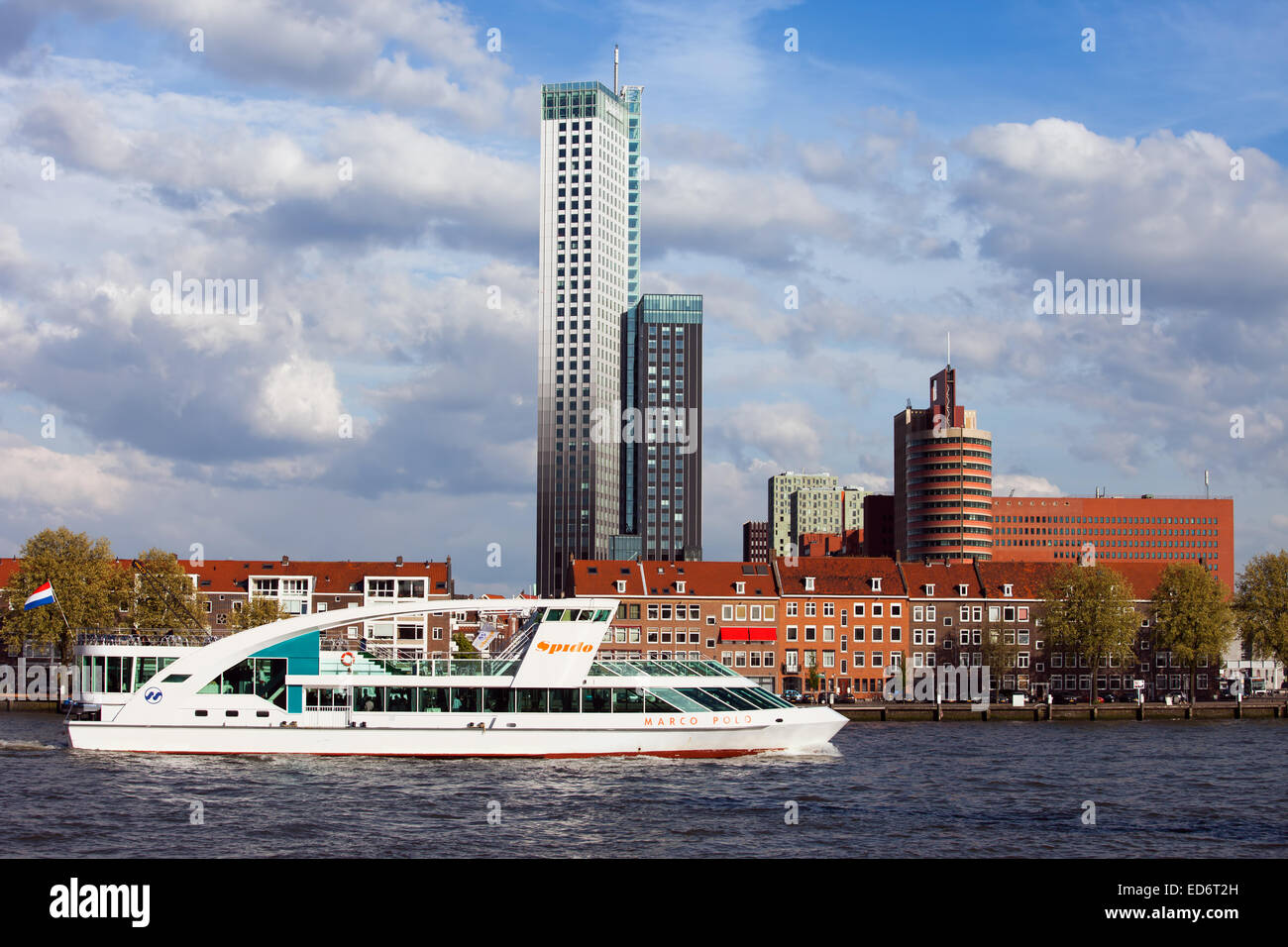 Spido tour ship Marco Polo on a river in Rotterdam city centre in Holland, Nethelands. Stock Photo