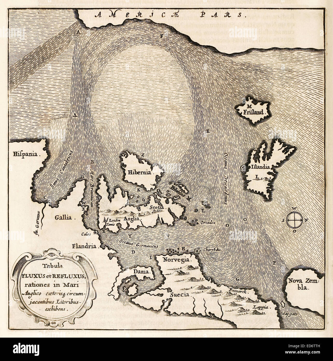 'Tabula Fluxus et Refluxus rationes in Mari Anglico' 17th century map of the North Atlantic showing ocean currents. See description for more information. Stock Photo