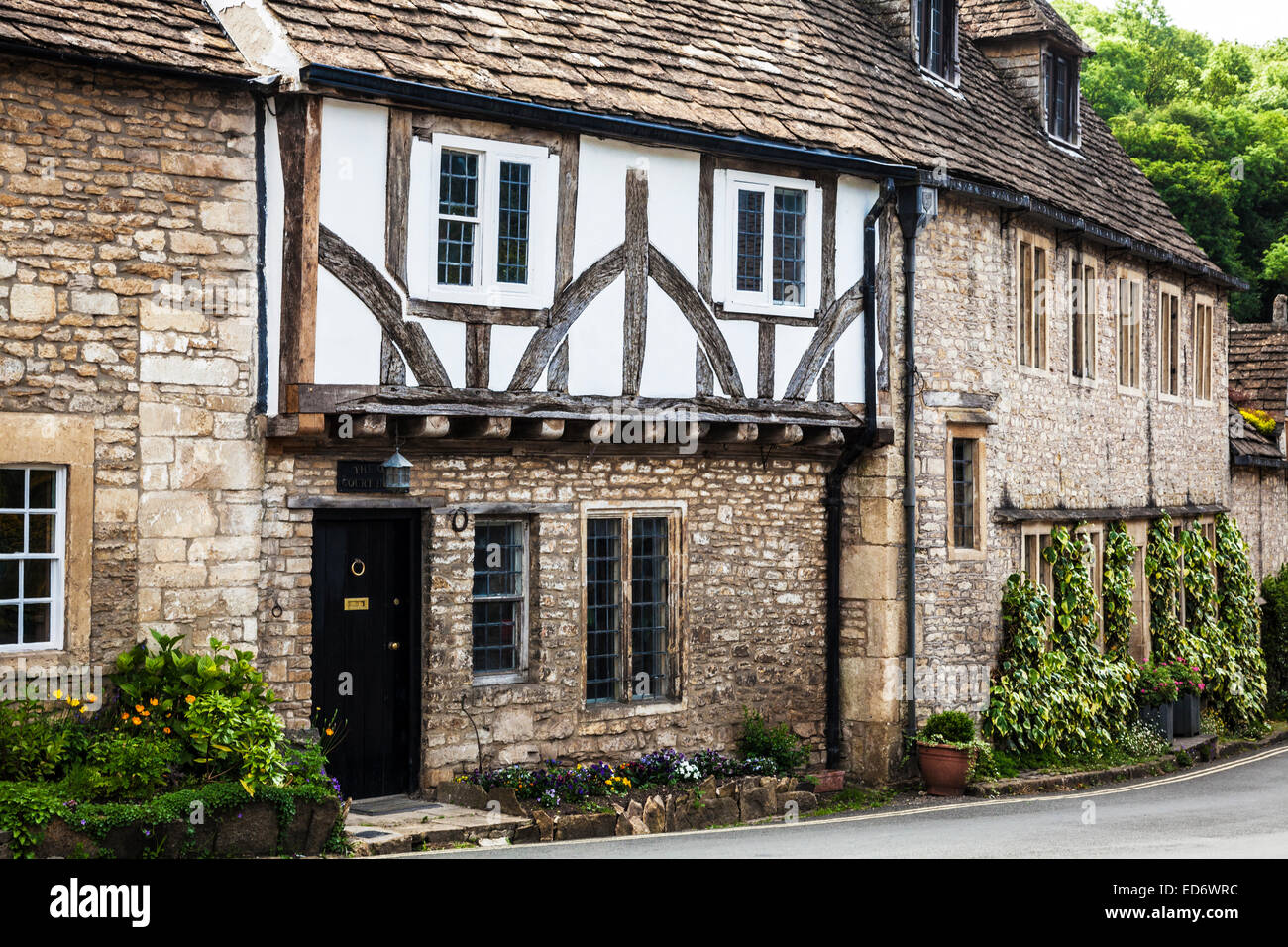 A half-timbered cottage in the picturesque Cotswold village of Castle Combe  in Wiltshire. Stock Photo