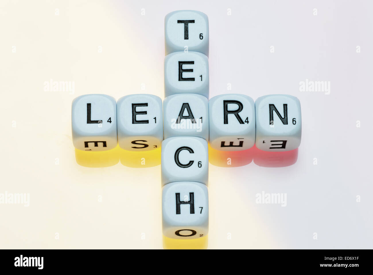 The words Teach and Learn spelled out with dice. Education concept
