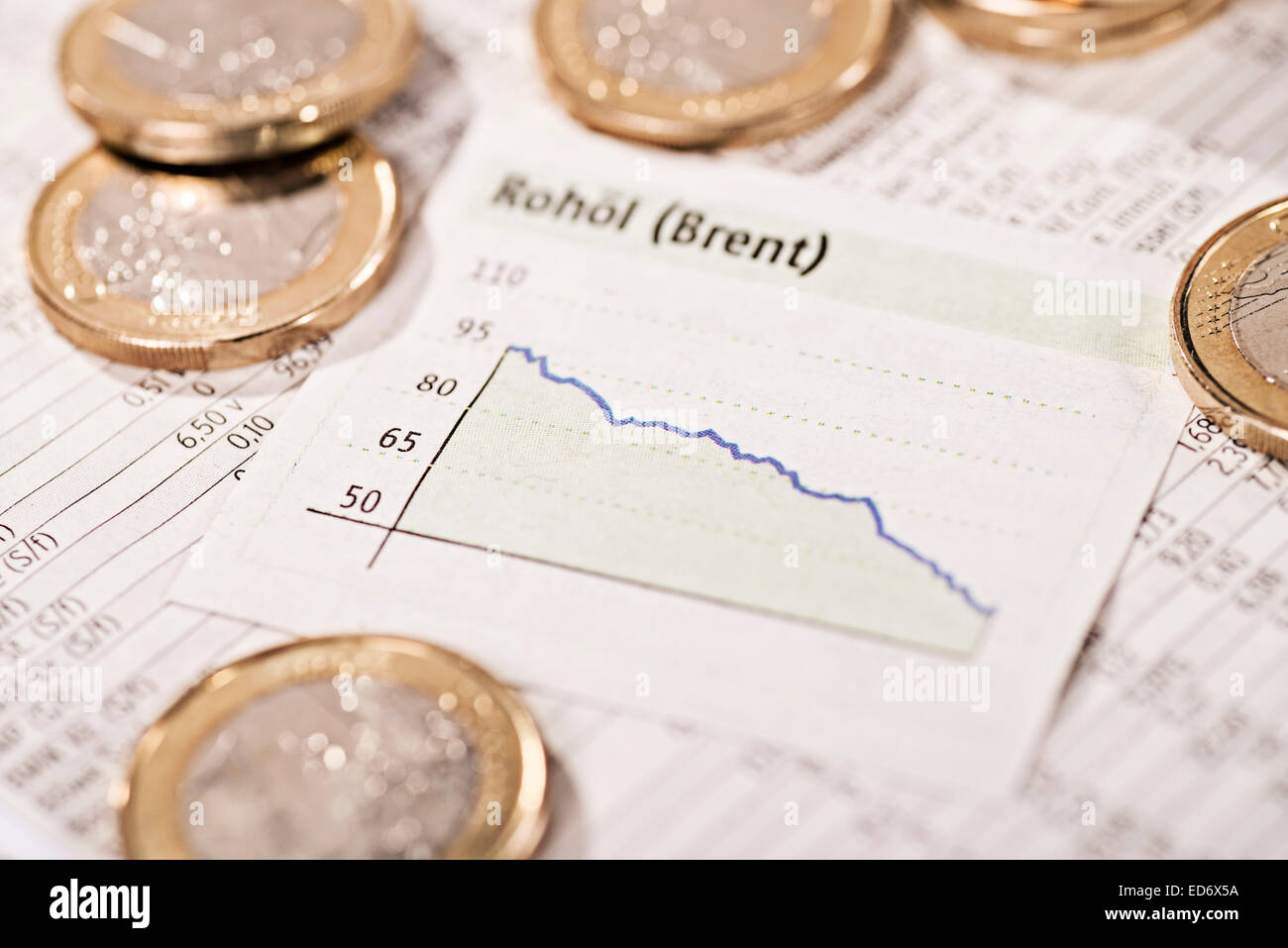 Graph with a falling curve surrounded by coins Stock Photo