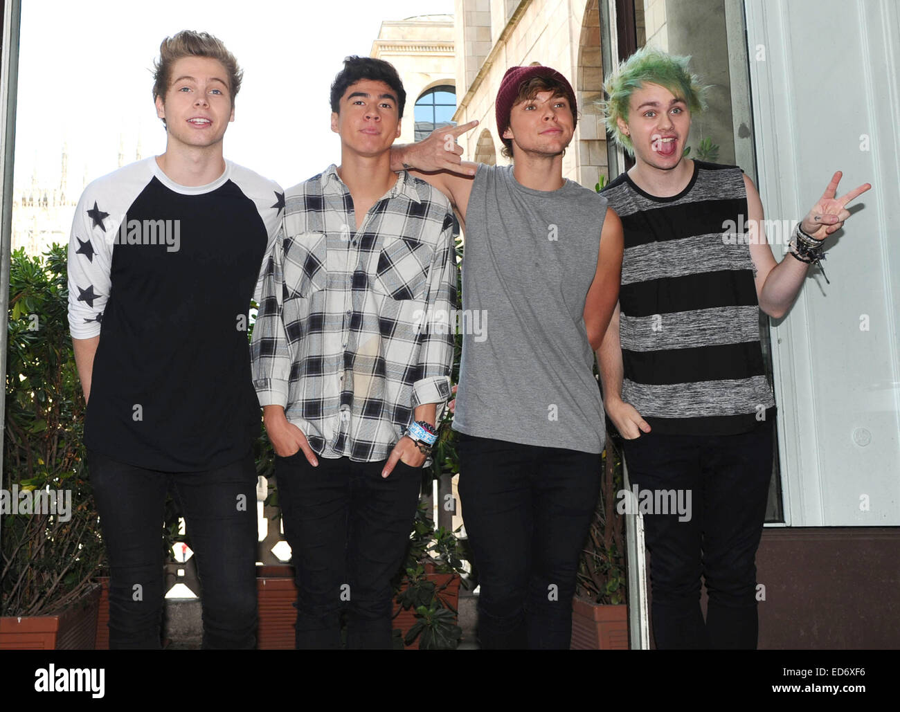 Australian band 5 Seconds of Summer attend a photocall at Mondadori Piazza Duomo  Featuring: 5 Seconds of Summer,Luke Hemmings,Michael Clifford,Calum Hood,Ashton Irwin Where: Milan, Italy When: 27 Jun 2014 Stock Photo