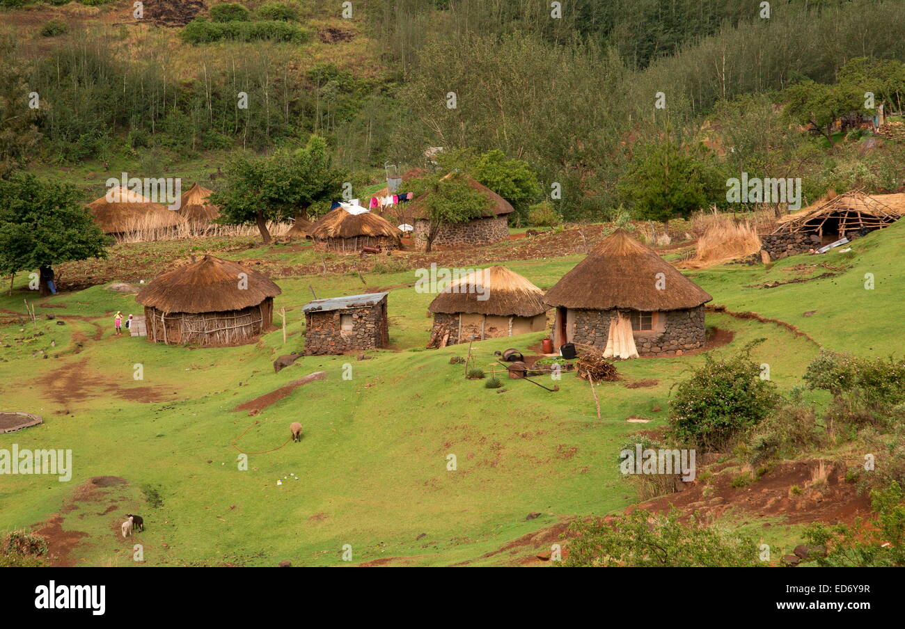 Basotho village with houses mokhoro in traditional 