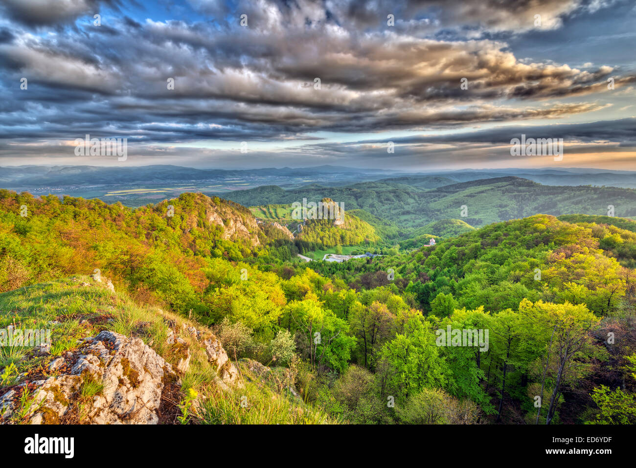 Castle of Vrsatec in Nature Reserve Vrsatske rocks, view from Chmelova hill, Protected Landscape Area Biele Karpaty Stock Photo