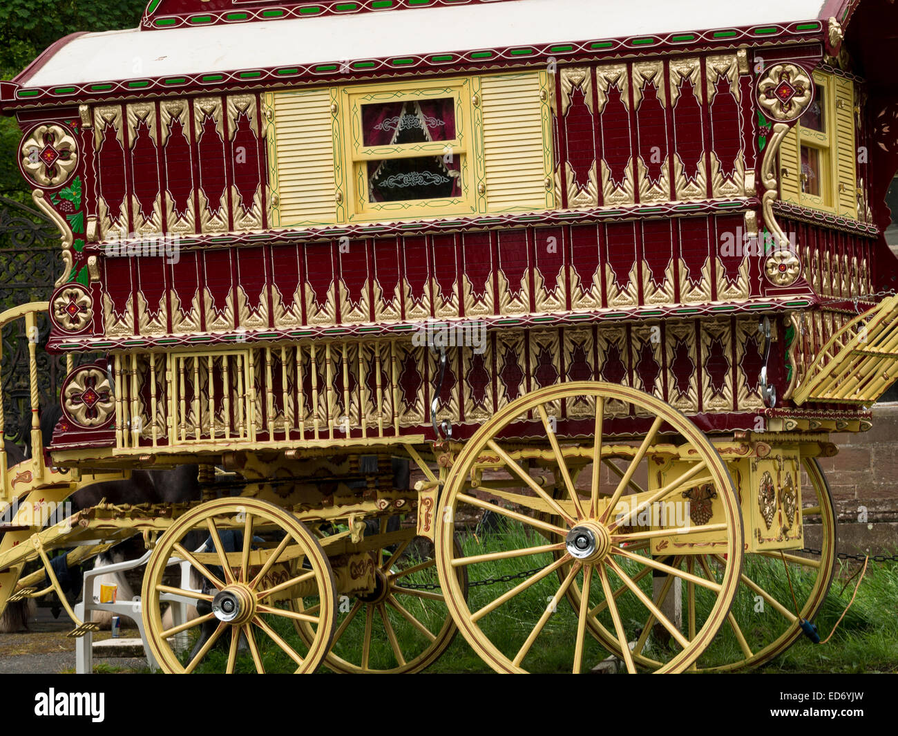 Detail of classic vintage caravan belonging to Gypsies,Romanys,'travellers', at Appleby Horse Fair, held every June in Appleby,  Stock Photo