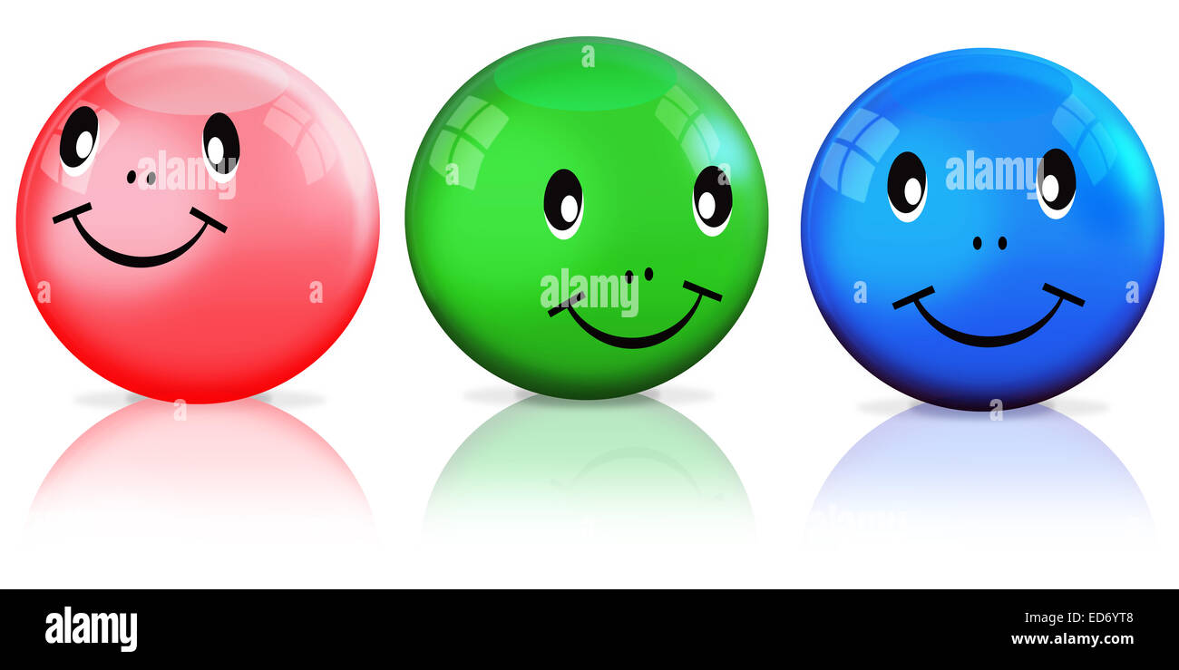 Three smileys, red, green and blue, illustration Stock Photo