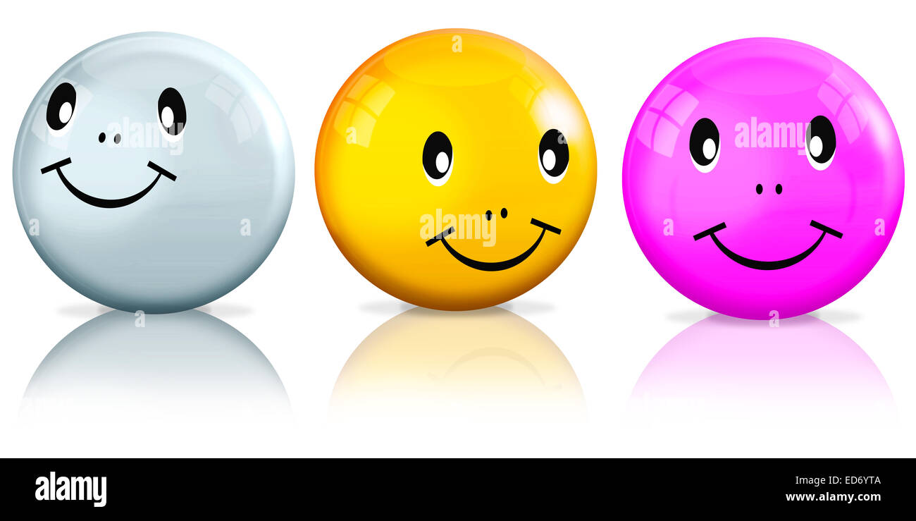 Three smileys, white, yellow and pink, illustration Stock Photo