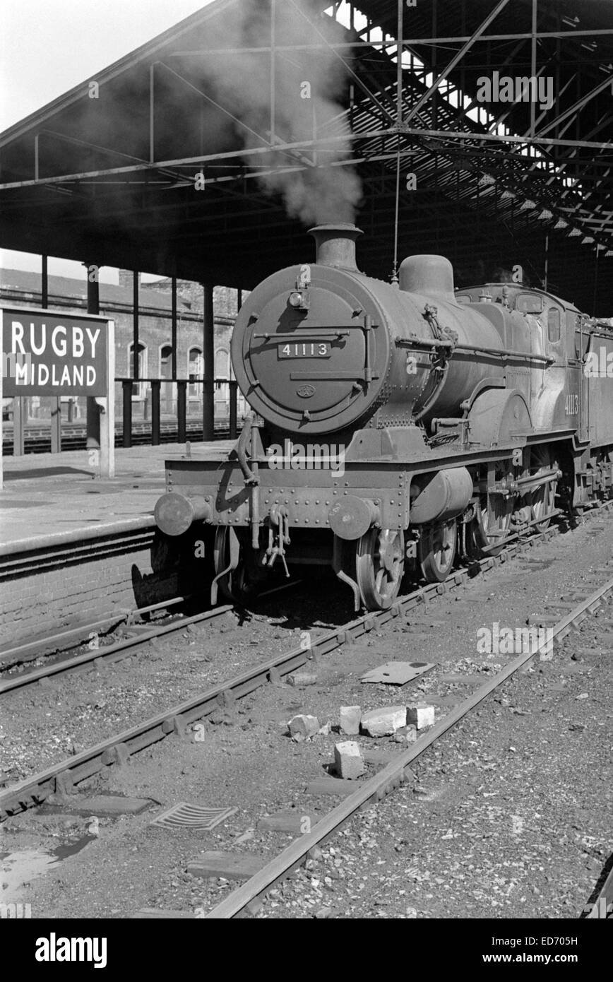original vintage british railways steam locomotive 41113 at rugby midland station 1950s uk Stock Photo