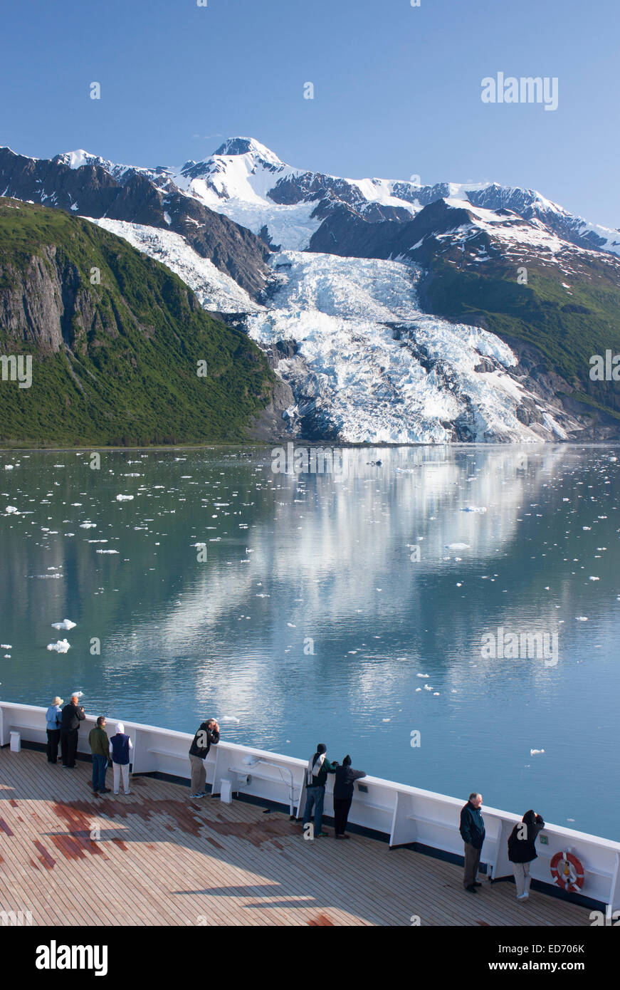 USA, Alaska, Prince William Sound, College Fiord, tourists on cruise ship viewing glaciers Stock Photo