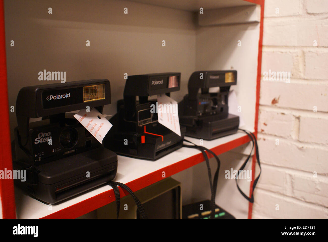 Three Polaroid Cameras at a vintage shop in Portland, Oregon Stock