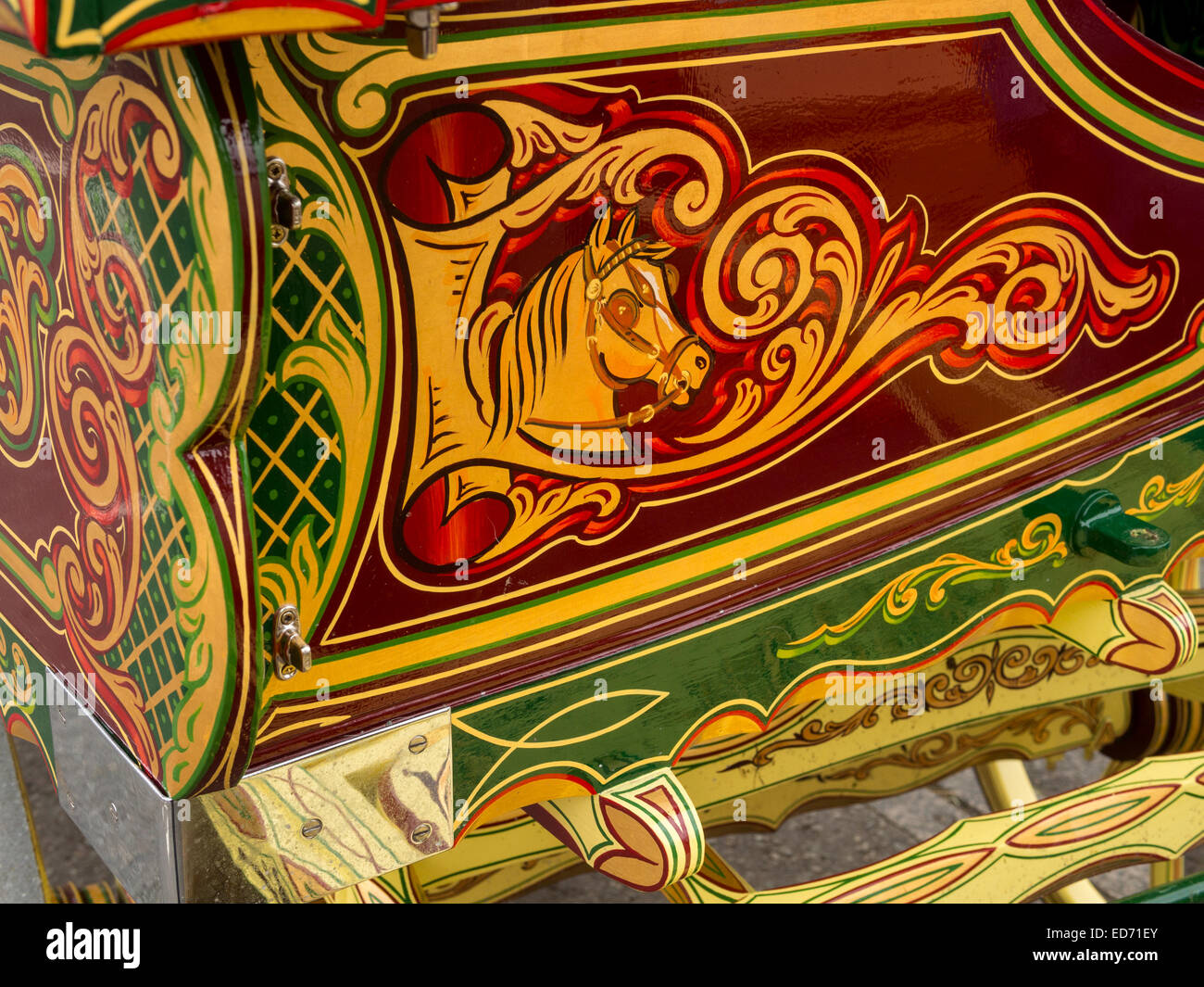 Detail of classic vintage caravan belonging to Gypsies,Romanys,'travellers', at Appleby Horse Fair, held every June in Appleby,  Stock Photo