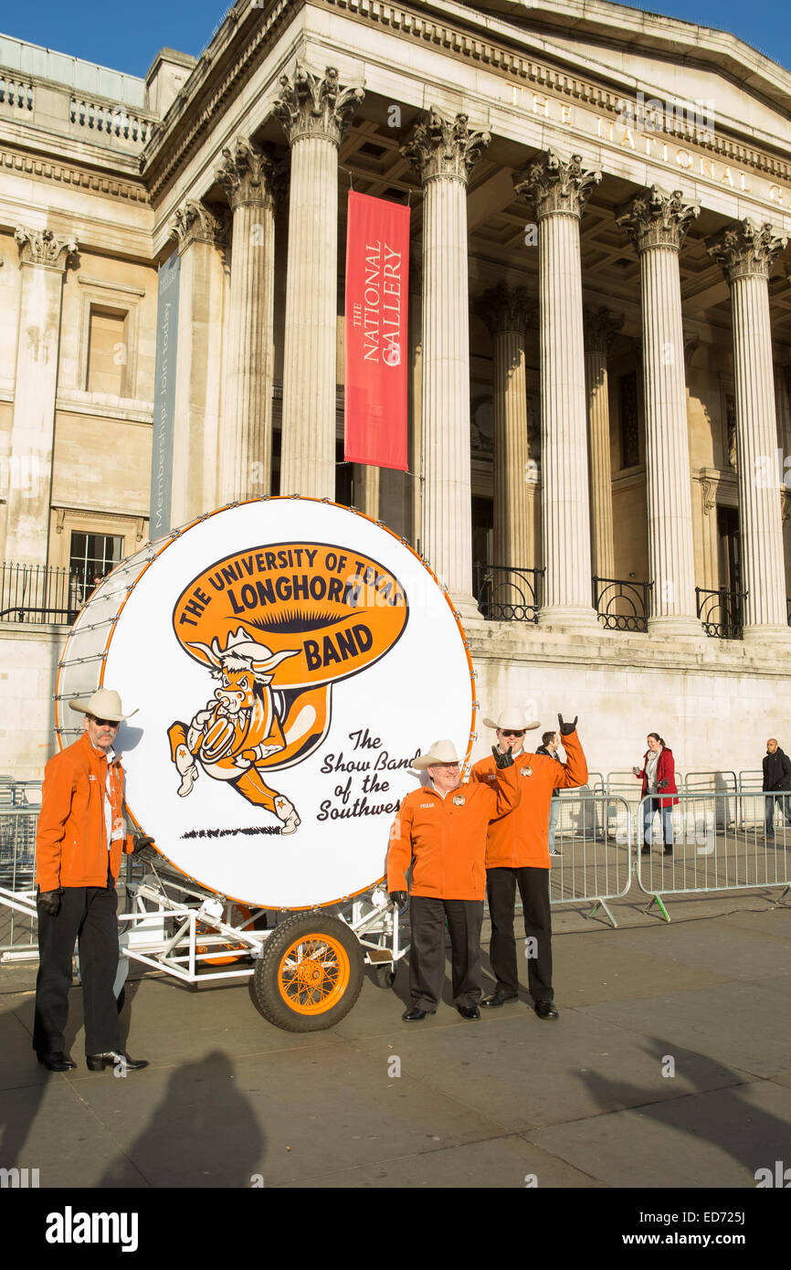Trafalgar Square, London, UK.  30th December 2014.  The University of Texas Longhorn Alumni Band with their 8 ft high Big Betha Drum.  As a predule to the London New Year's Day Parade, three of the headline acts performed at Trafalgar Square. Credit:  Neil Cordell/Alamy Live News Stock Photo