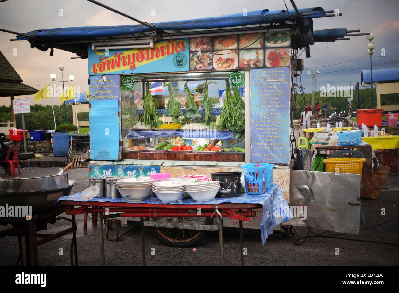 Food stall, Street food, Vendor at Krabi night food market with noodle and rice dishes. Thailand. Asia Stock Photo