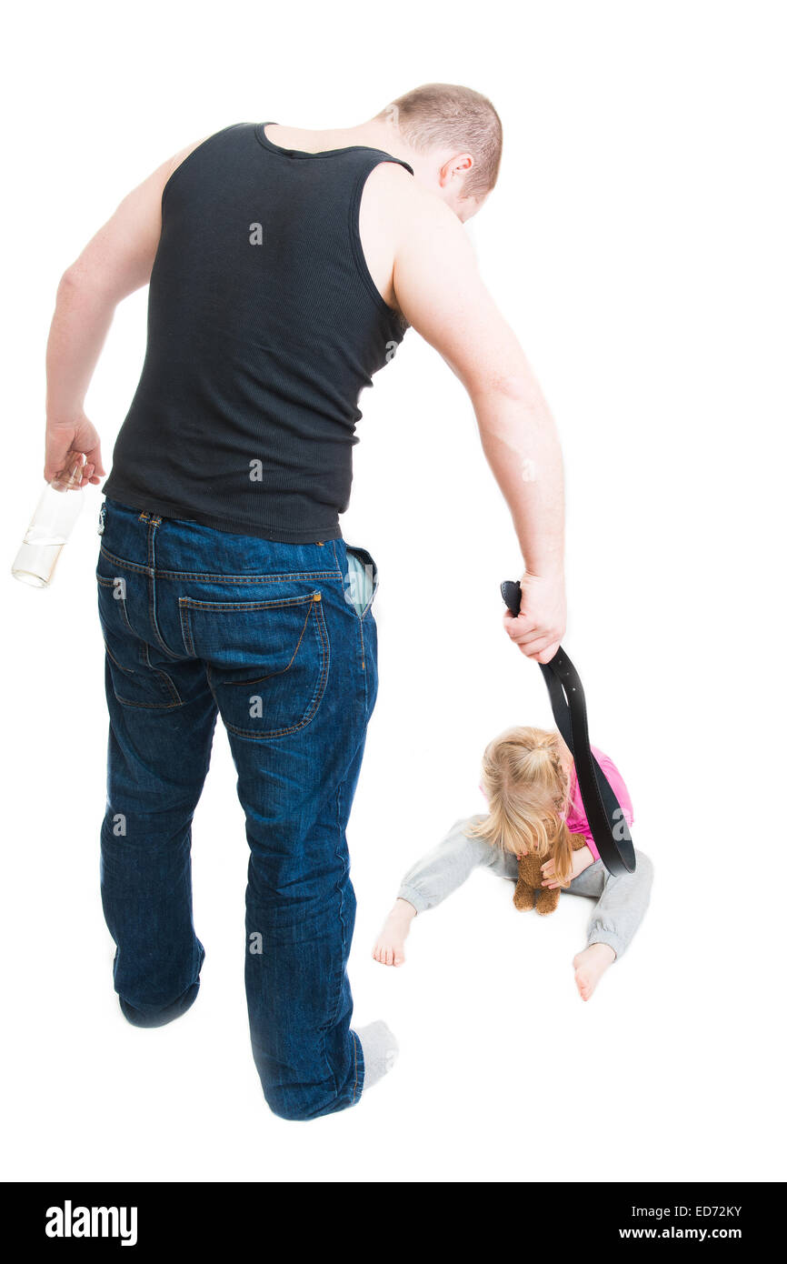 Man beats child. white background Stock Photo