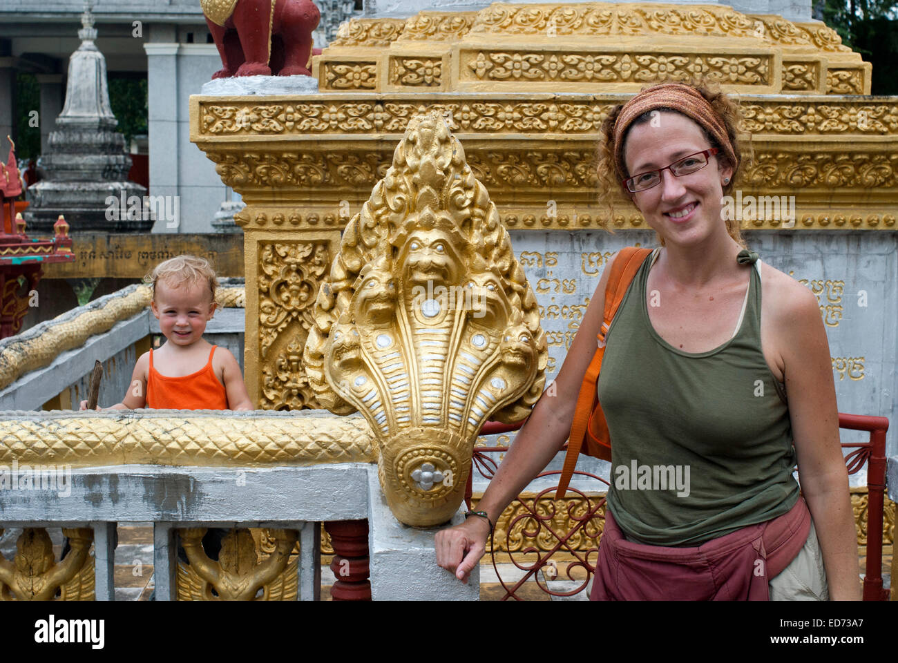 Wat Kandal Battambang. Travel with children’s. Mother traveling with her daughter. Despite being the second largest city in Camb Stock Photo