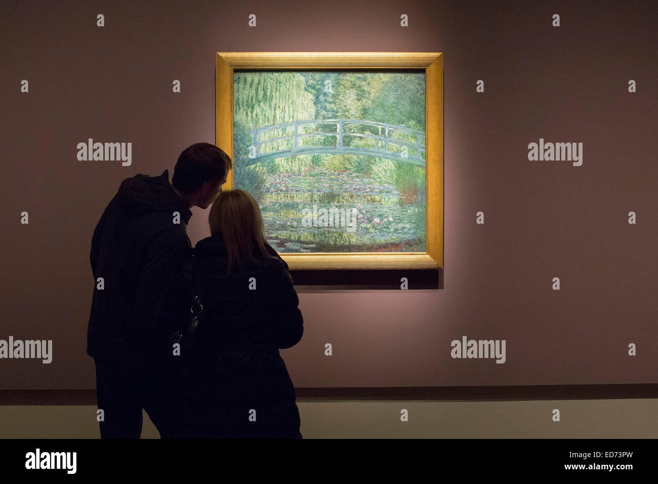 Detroit, Michigan - A couple studies Claude Monet's 'Waterlily Pond, Green Harmony' at the Detroit Institute of Arts. Stock Photo