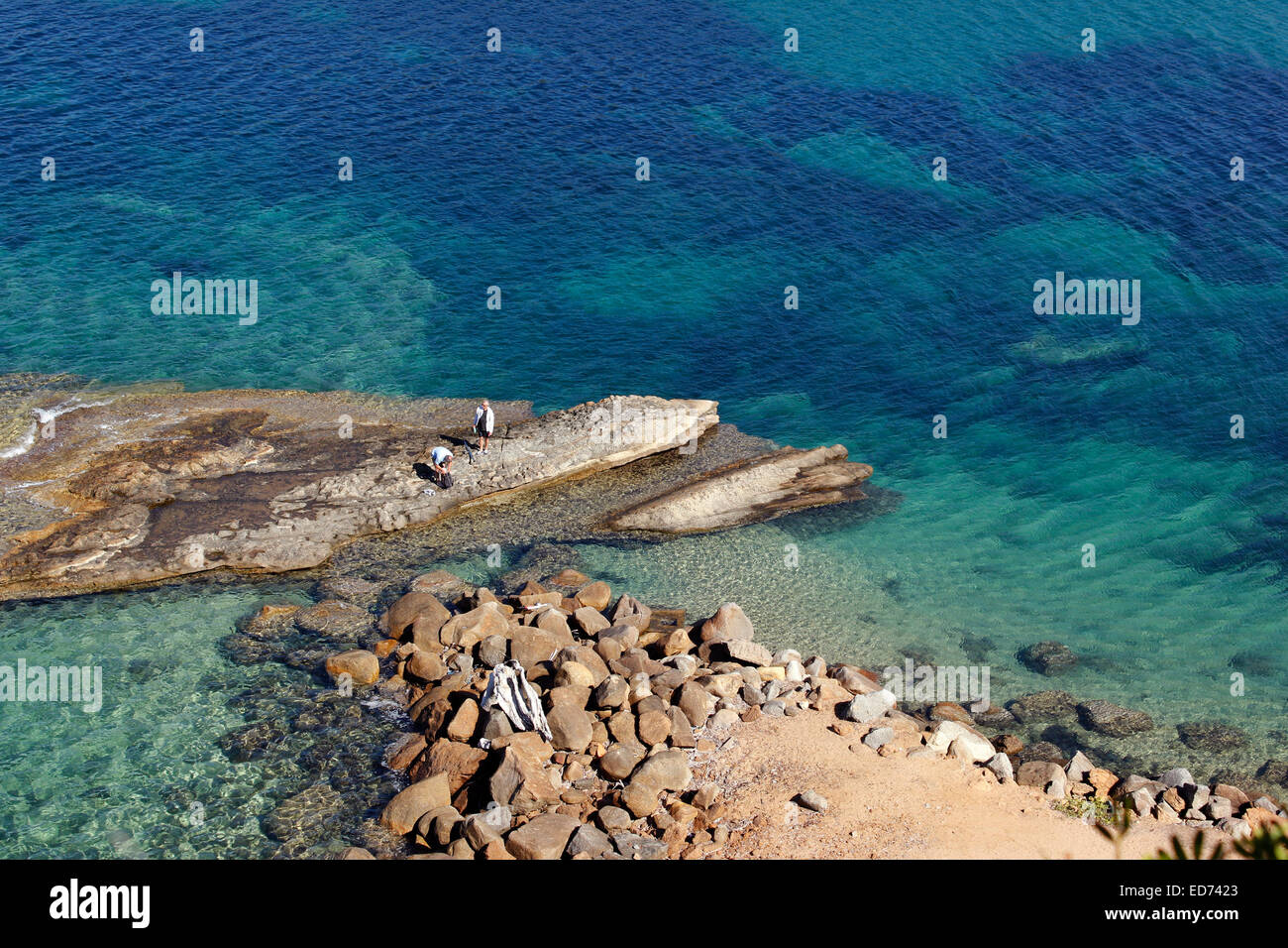 Aerial view of fishermen leaving a Corsican peninsula near Propriano South Corsica Stock Photo