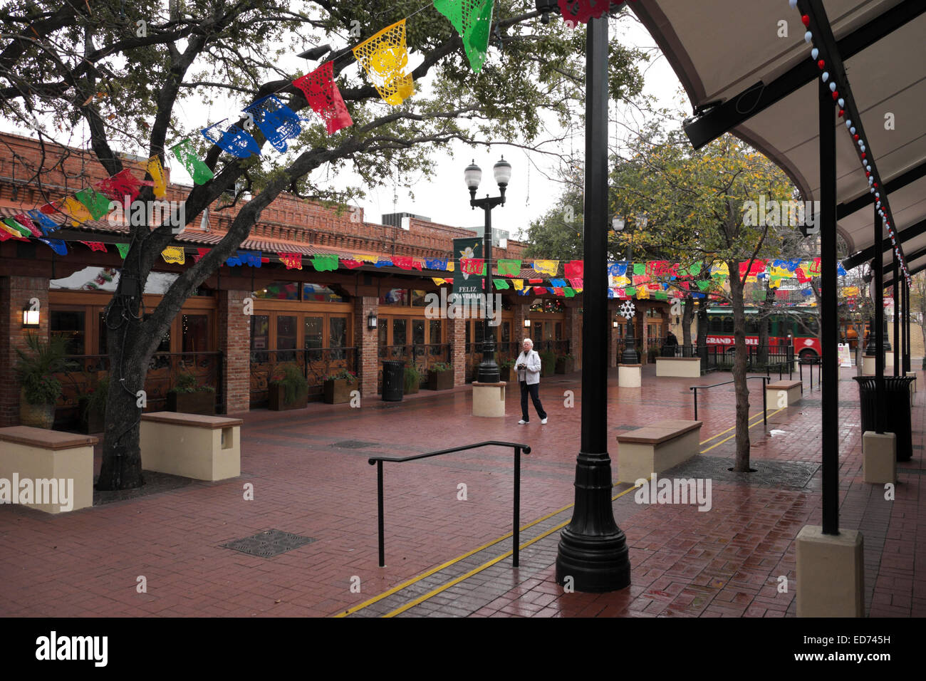 A rainy morning in Market Square, San Antonio, Texas, during Christmas time. Stock Photo