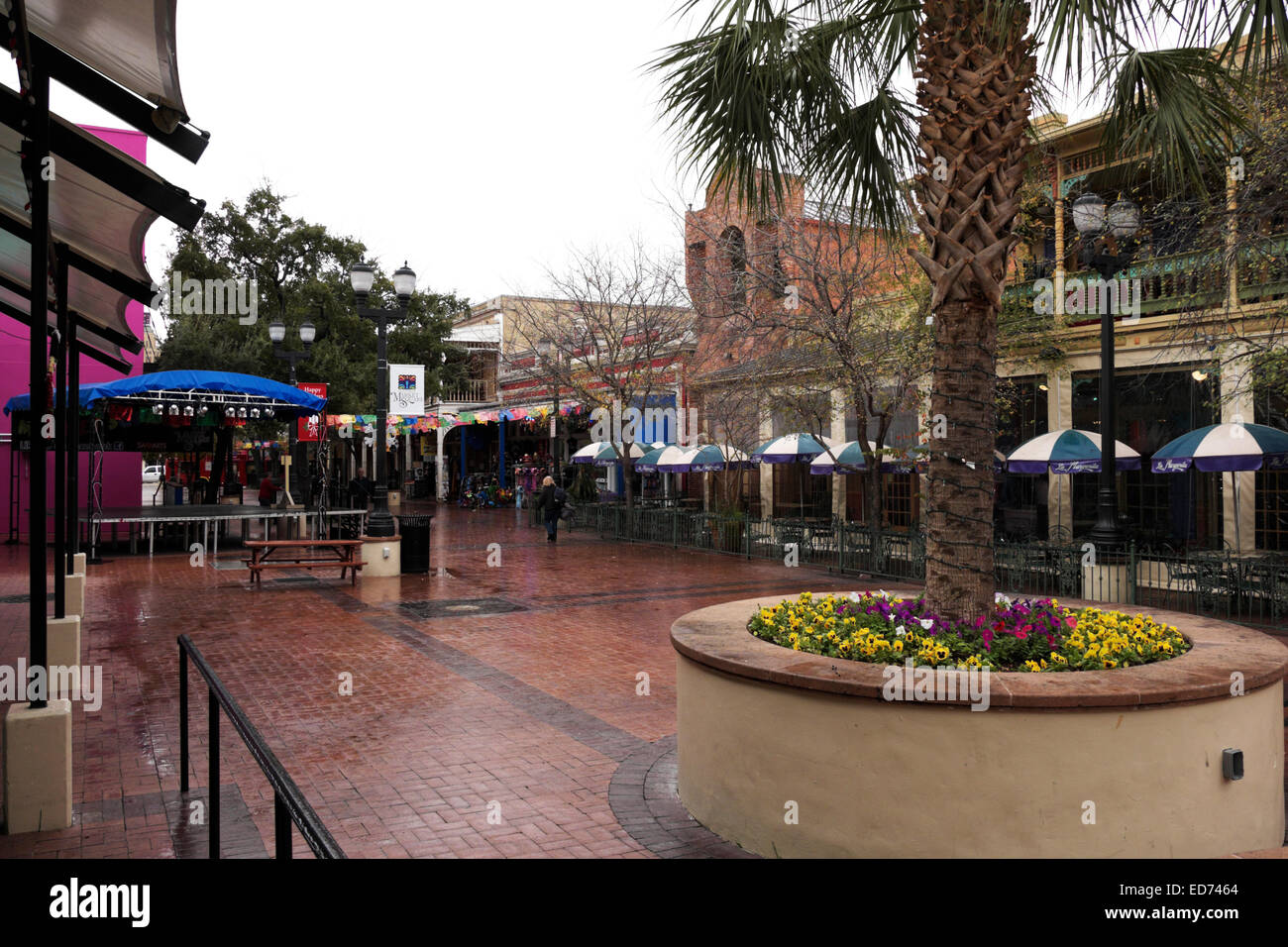 A rainy morning in Market Square, San Antonio, Texas, during Christmas time. Stock Photo