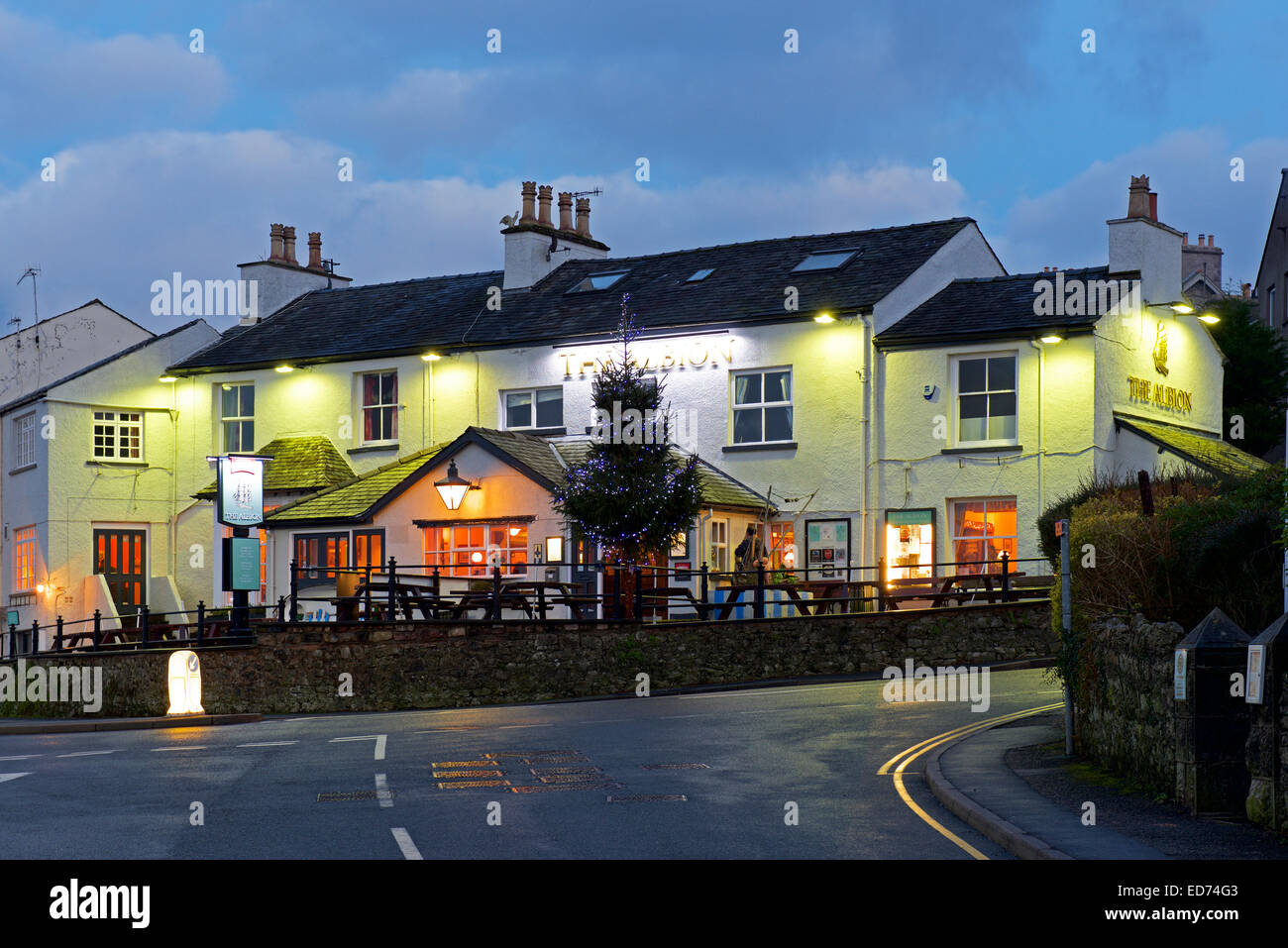 The Albion pub at dusk, Arnside, Cumbria, England UK Stock Photo