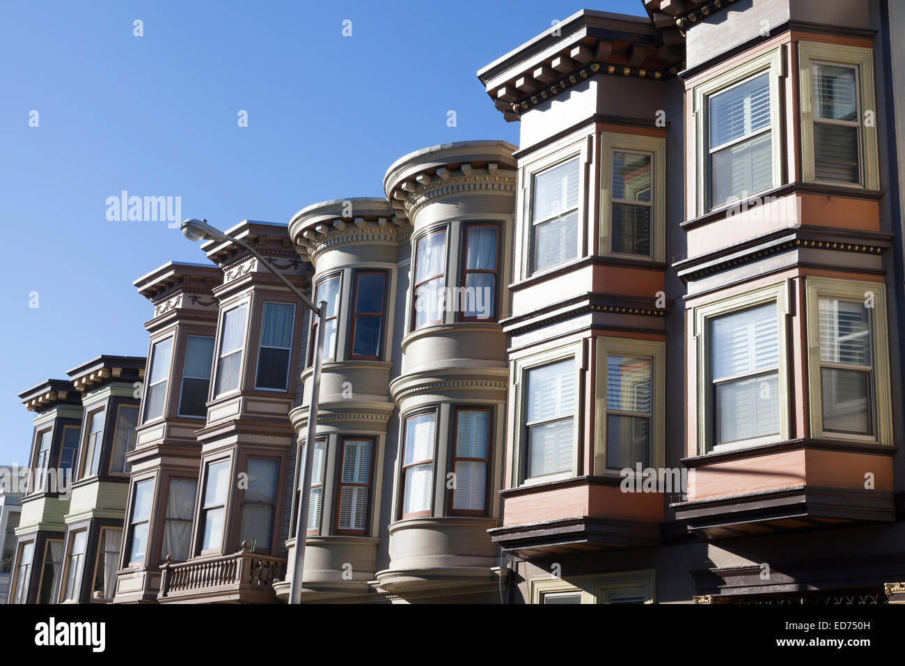 Rows of bay windows along Stockton Street in North Beach - San Francisco, San Francisco County, California, USA Stock Photo