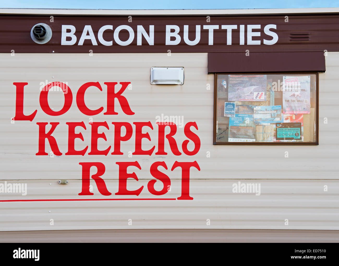 Sign on wall of café, Lock Keepers Rest, Bacon Butties, England UK Stock Photo