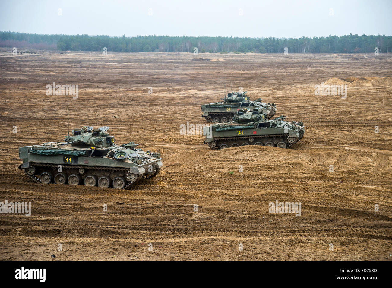Warrior tracked infantry fighting vehicles of the British Armed Forces during Exercise Black Eagle in Poland. Stock Photo