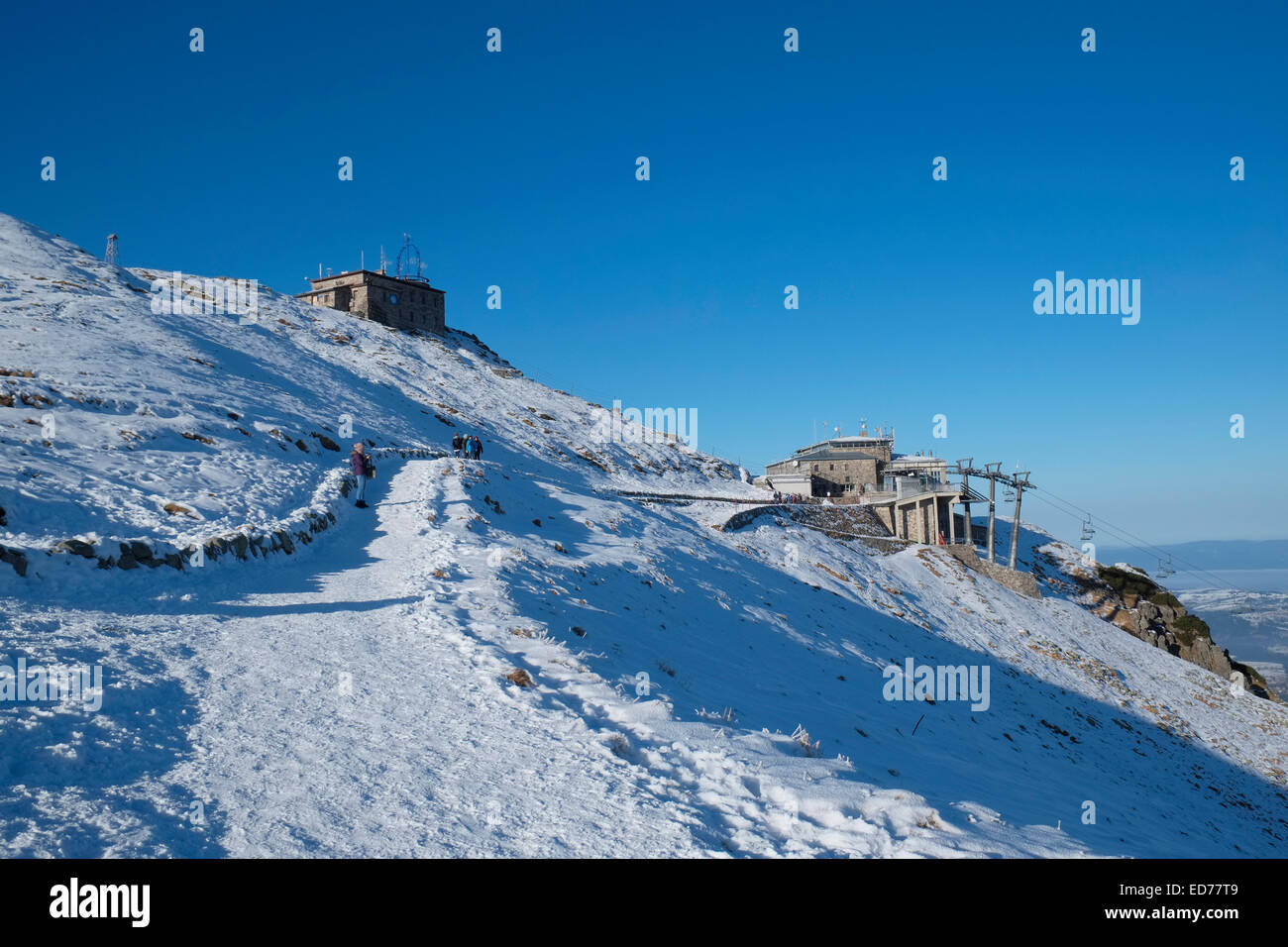 Path towards the cable car station and meteorological observatory on the summit of Kasprowy Wierch, Tatra Mountains, Poland. Stock Photo