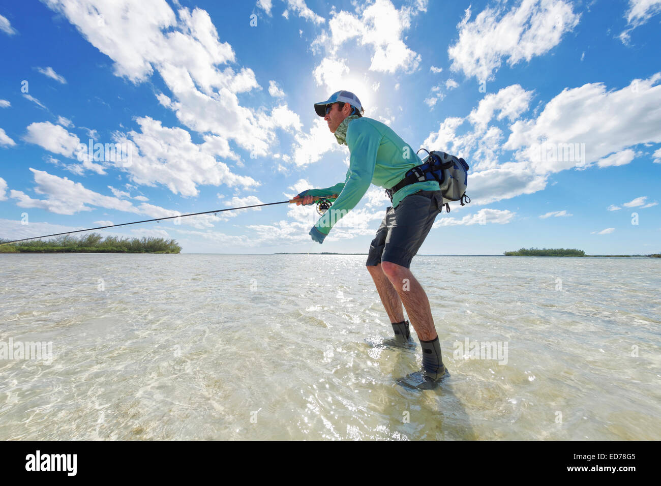 Saltwater fly fishing for bonefish on the island of Abaco in the Bahamas Stock Photo