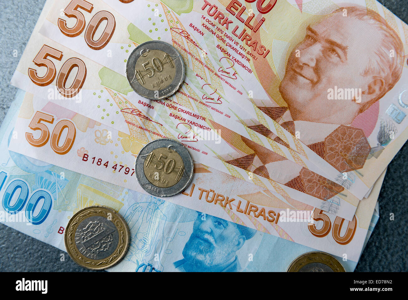 Turkish lira - Turk Lirasi - local currency coins and banknotes, featuring image of Ataturk, in Republic of Turkey Stock Photo