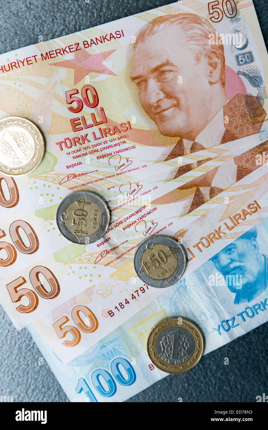 Turkish lira - Turk Lirasi - local currency coins and banknotes, featuring  image of Ataturk, in Republic of Turkey Stock Photo - Alamy