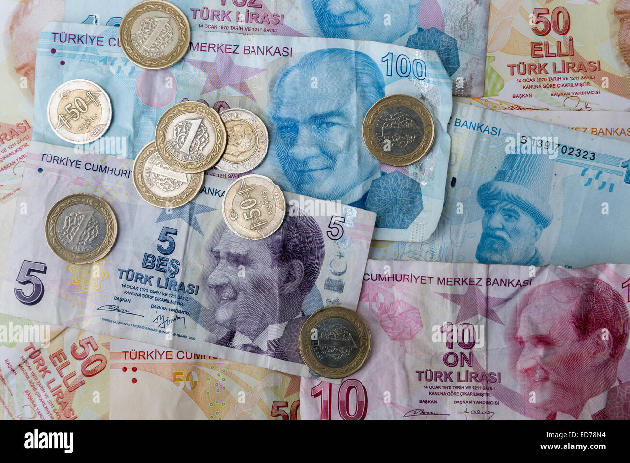 Turkish lira Turk Lirasi local currency coins and banknotes, featuring image of Ataturk, in